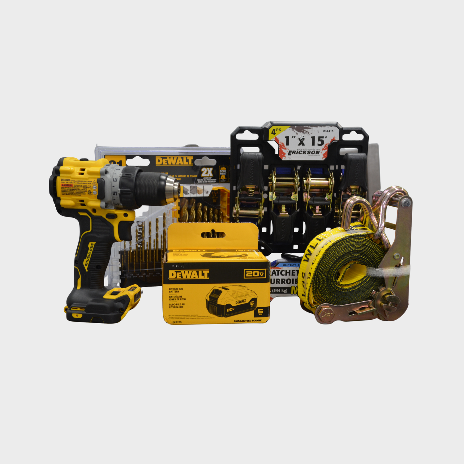 A collage of tools, including a DEWALT drill, a DEWALT battery, and a set of Erickson ratchet straps
