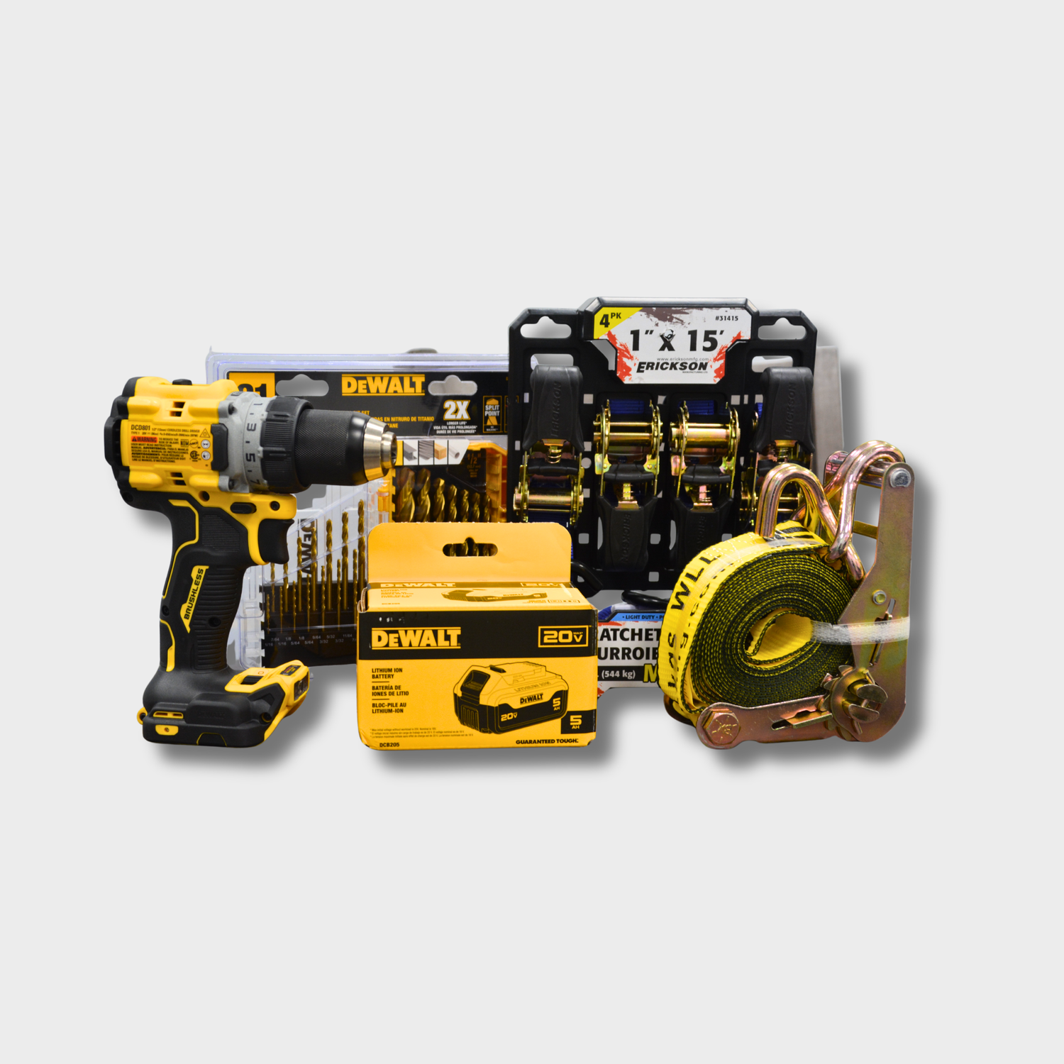 A collage of tools, including a DEWALT drill, a DEWALT battery, and a set of Erickson ratchet straps