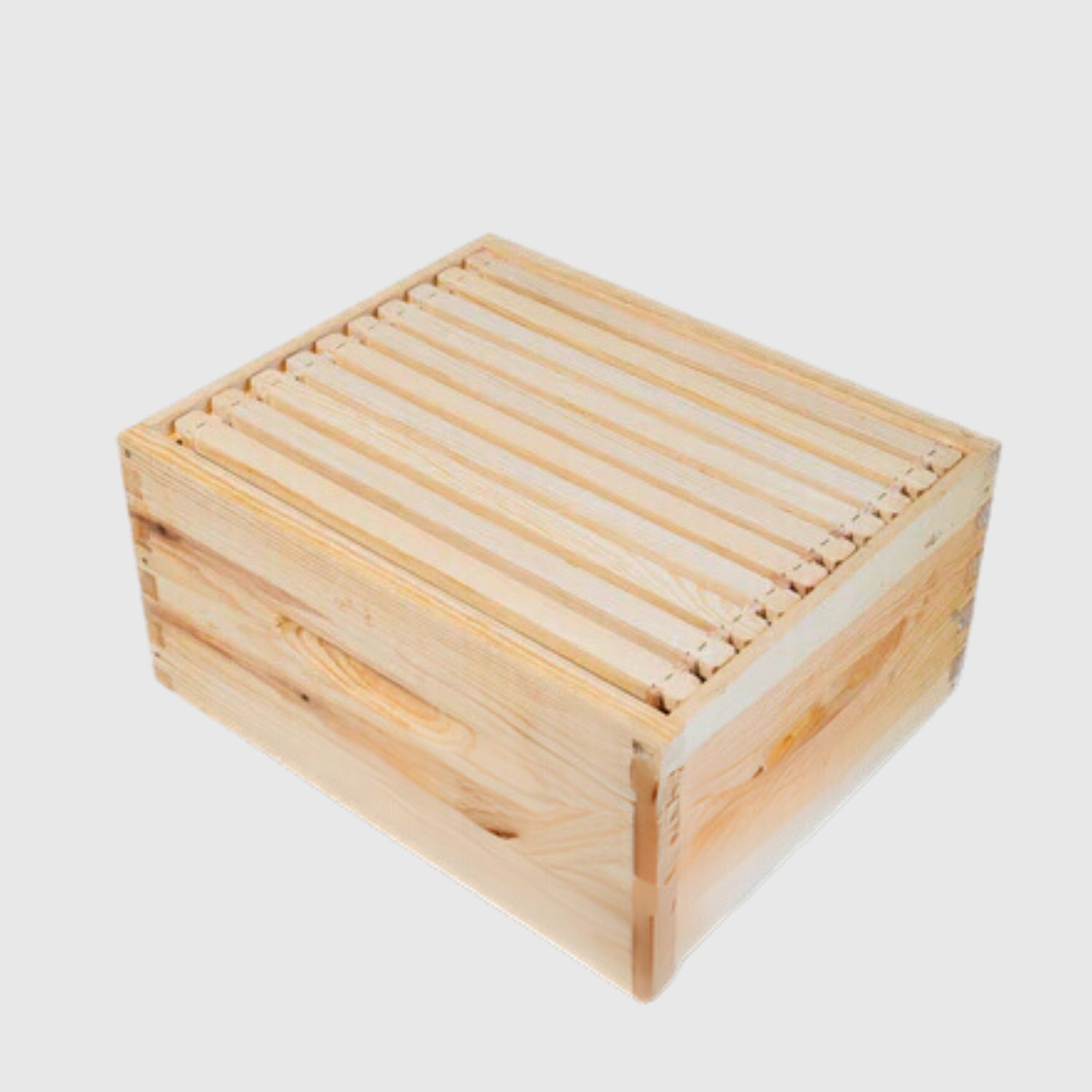 An image of a wooden beehive super with frames