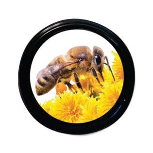 Honeybee on a yellow flower graphic on a black circular lid