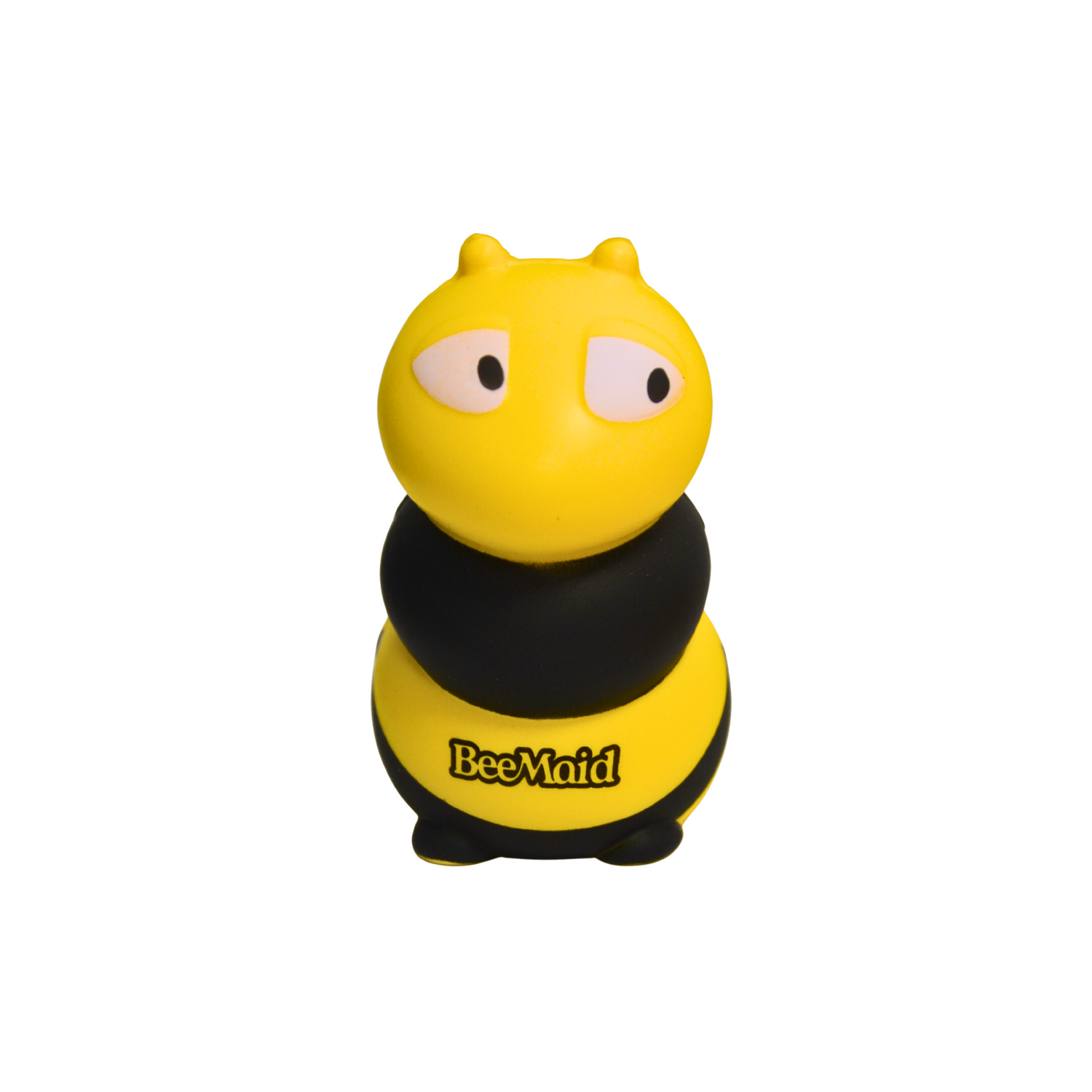 Yellow and black bee-shaped stress ball with 'BeeMaid' branding on a white background