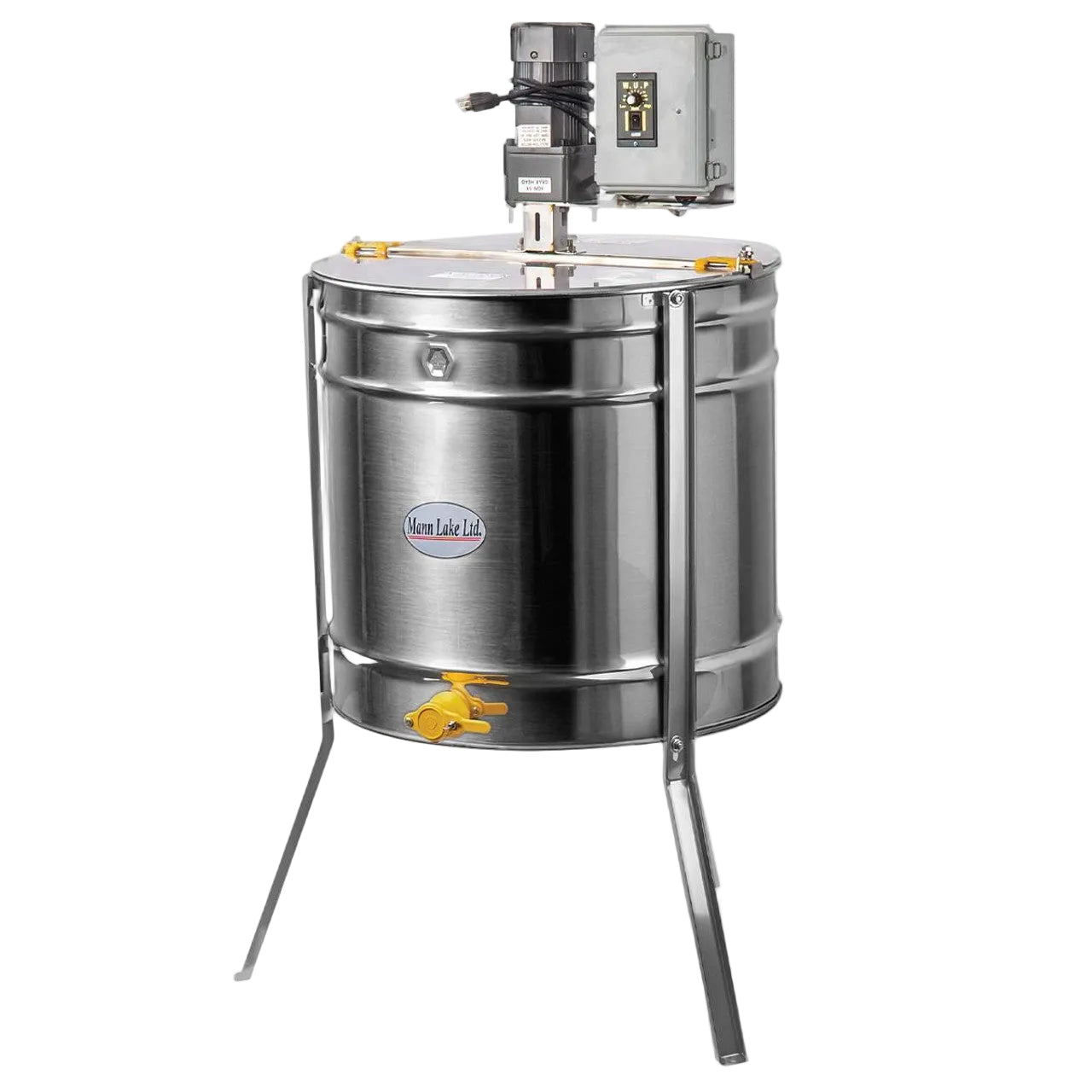 Stainless steel electric honey extractor with a motorized control box mounted on top. The extractor has a cylindrical drum, three angled metal legs, a yellow plastic honey gate near the bottom, and a Mann Lake Ltd. logo on the front.