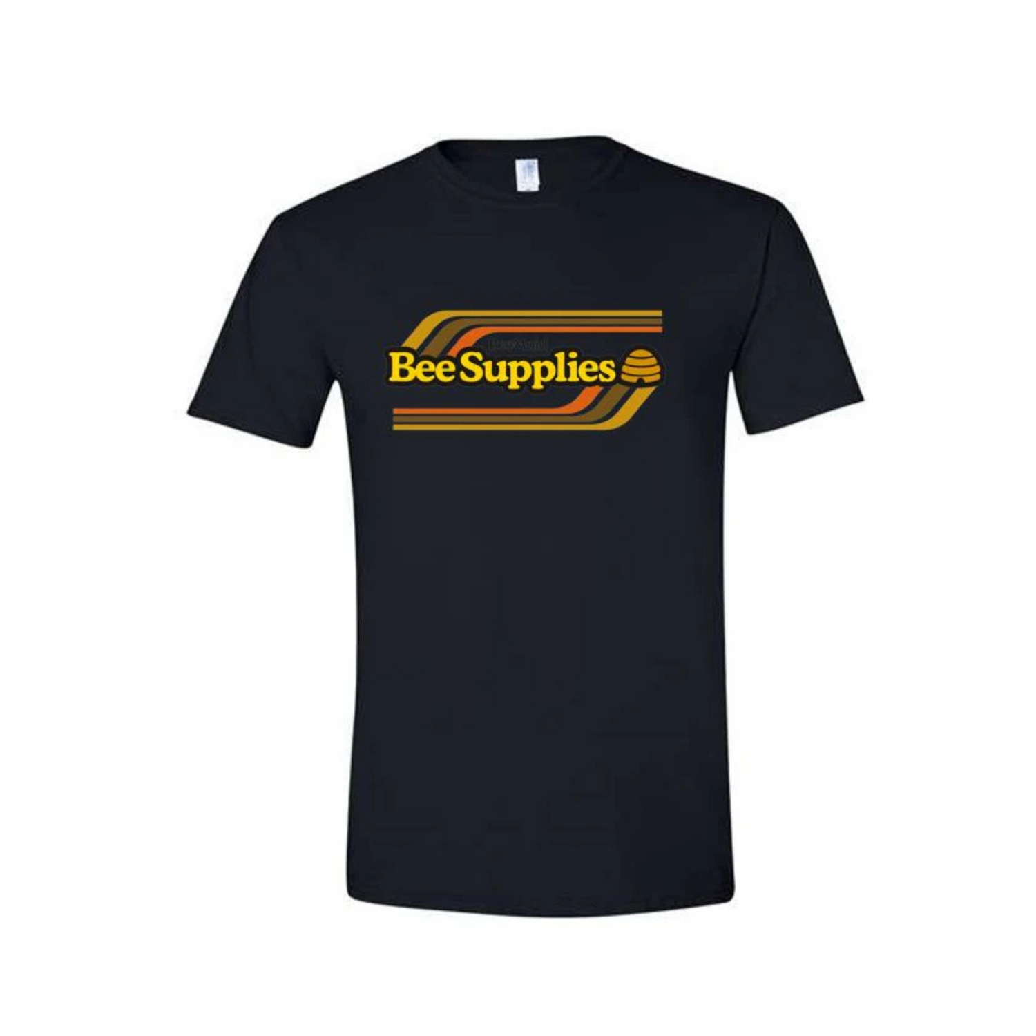 Black t-shirt with 'Bee Maid Bee Supplies' logo on a white background