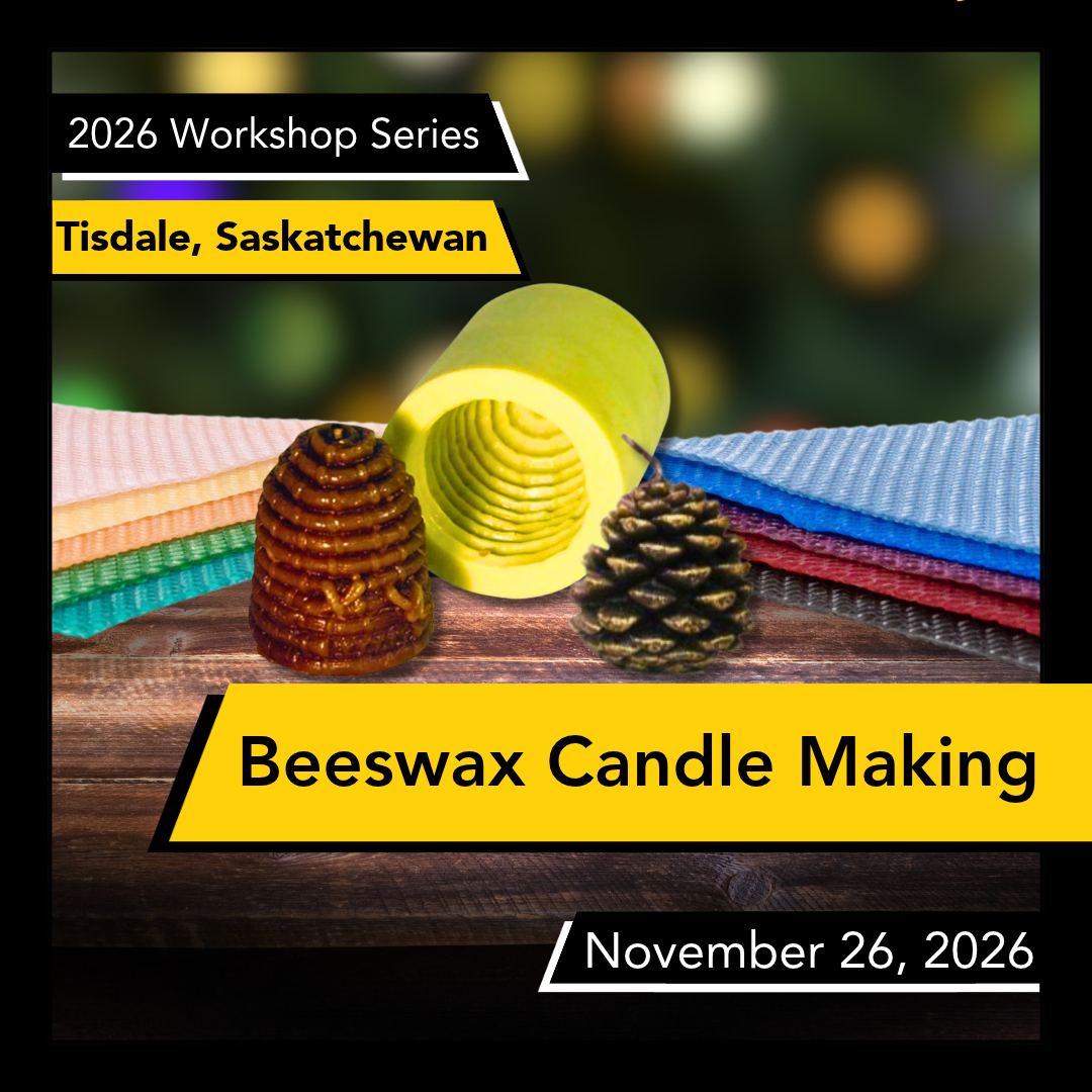 A graphic depicting a beeswax candle making workshop on November 26 at Tisdale Bee Maid Bee Supplies
