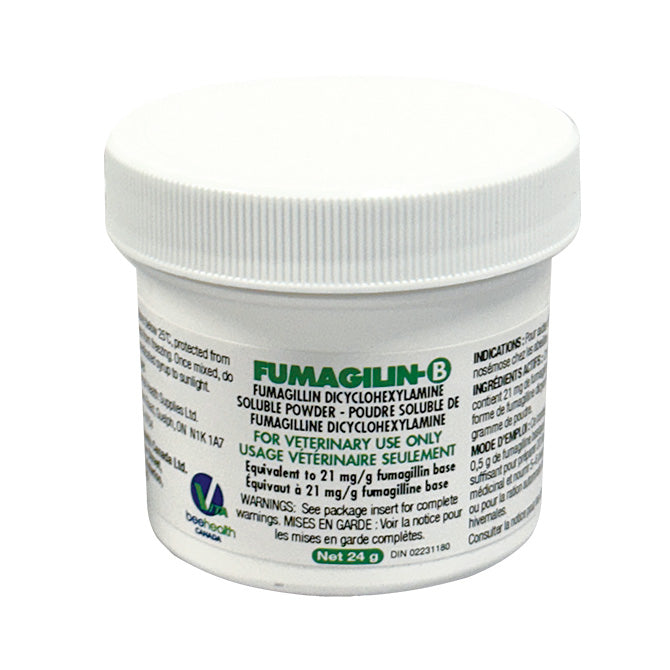 A white jar labeled 'FUMAGILIN-B' with text indicating it's for the treatment of Nosema in bees.