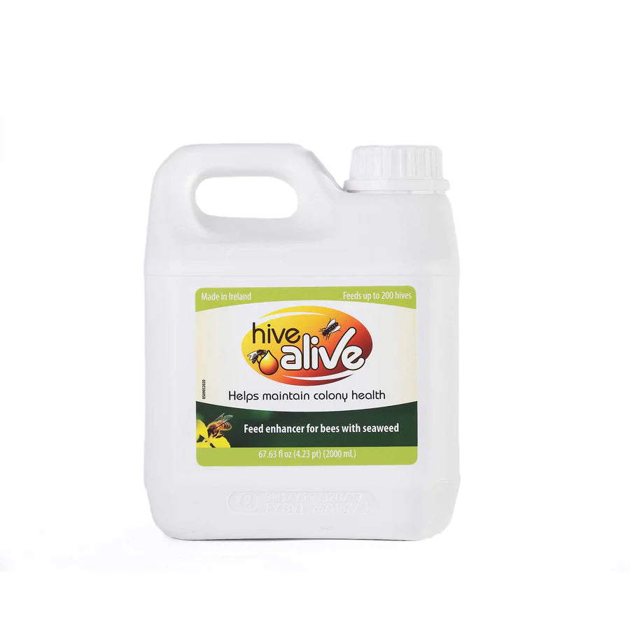 A 2L bottle of Hive Alive, a liquid feed supplement for honeybees that can be easily added to syrup.