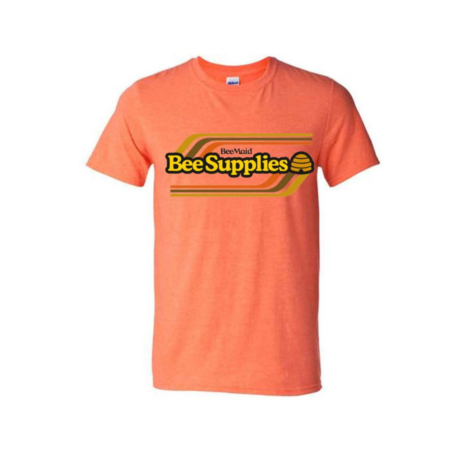 Orange t-shirt with 'Bee Maid Bee Supplies' logo on a white background