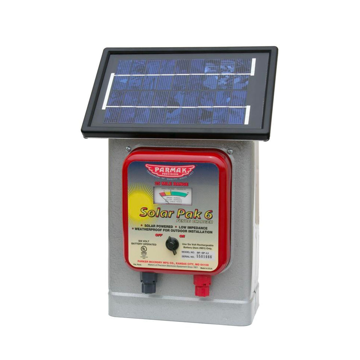 A solar-powered electric fence energizer with a solar panel on top and a red box with product information on the front.