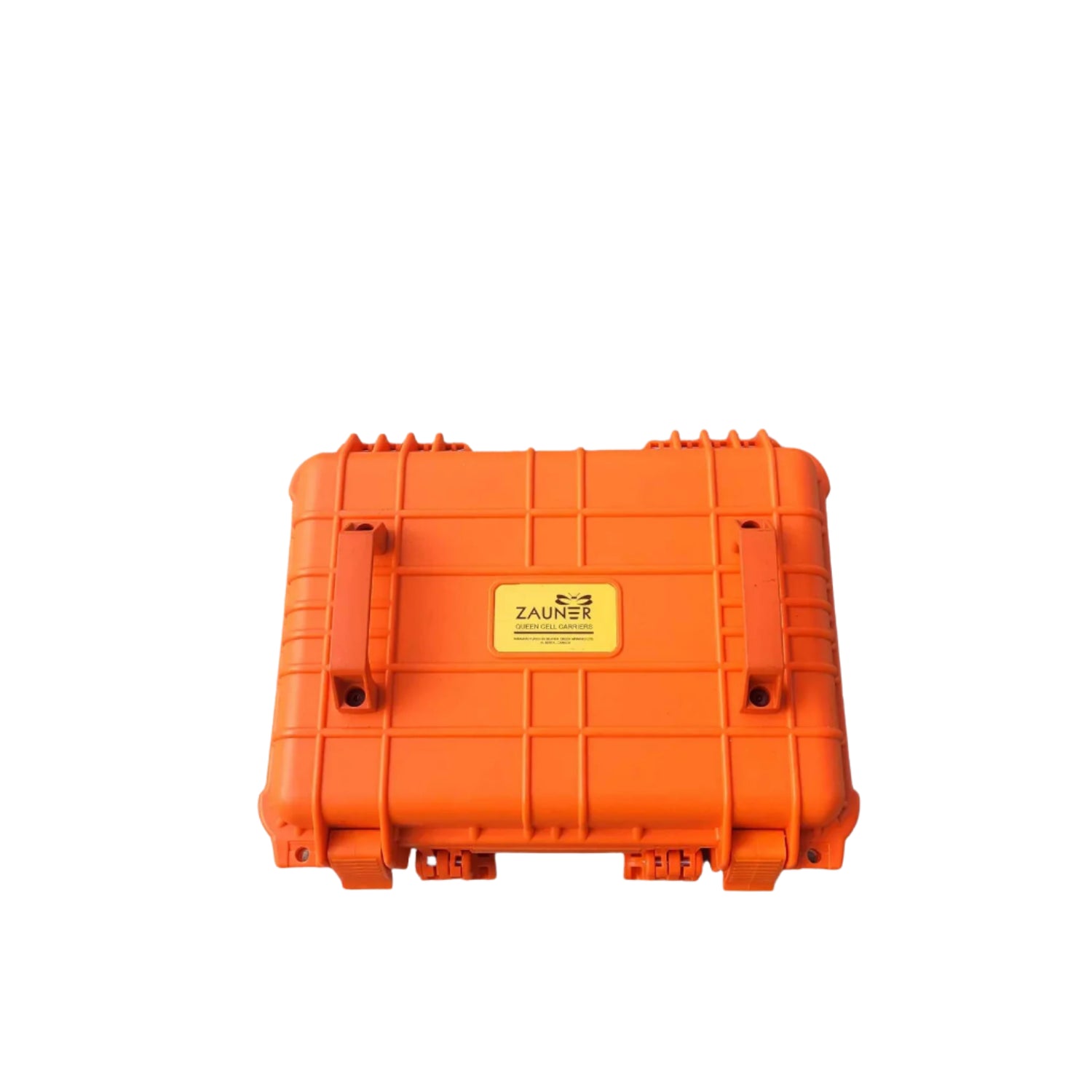 Orange hard-shell case for a 150-Cell queen cell carrier and incubator on a white background