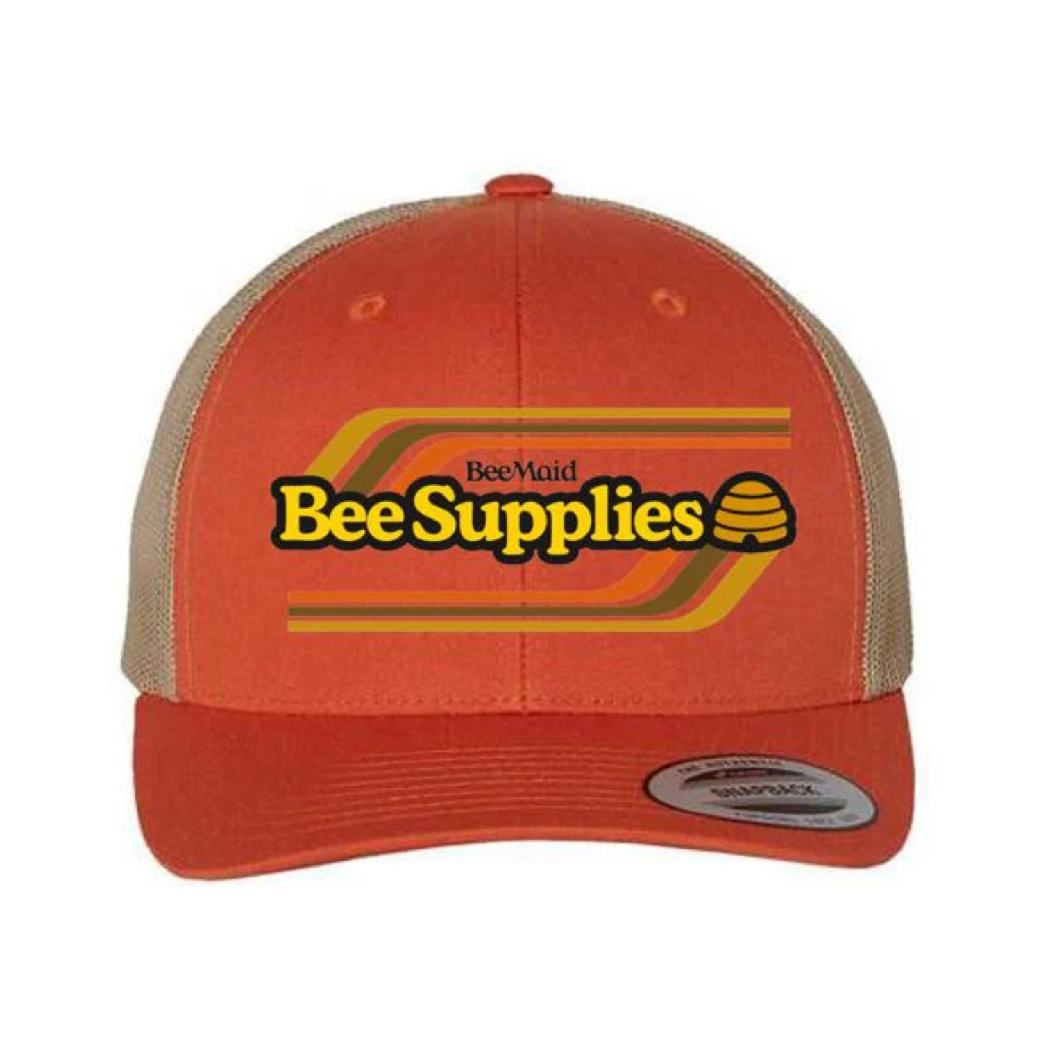 Orange and beige cap with 'Bee Maid Bee Supplies' logo on a white background