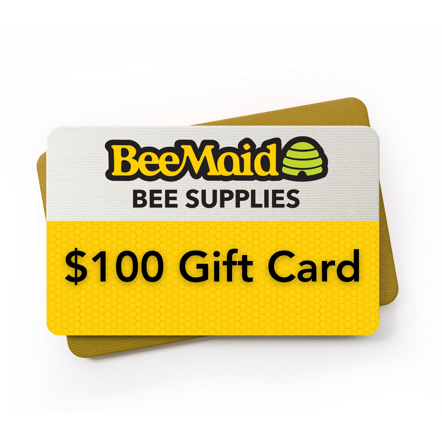 100-dollar Gift card for BeeMaid Bee Supplies, featuring a honeycomb pattern on a white background