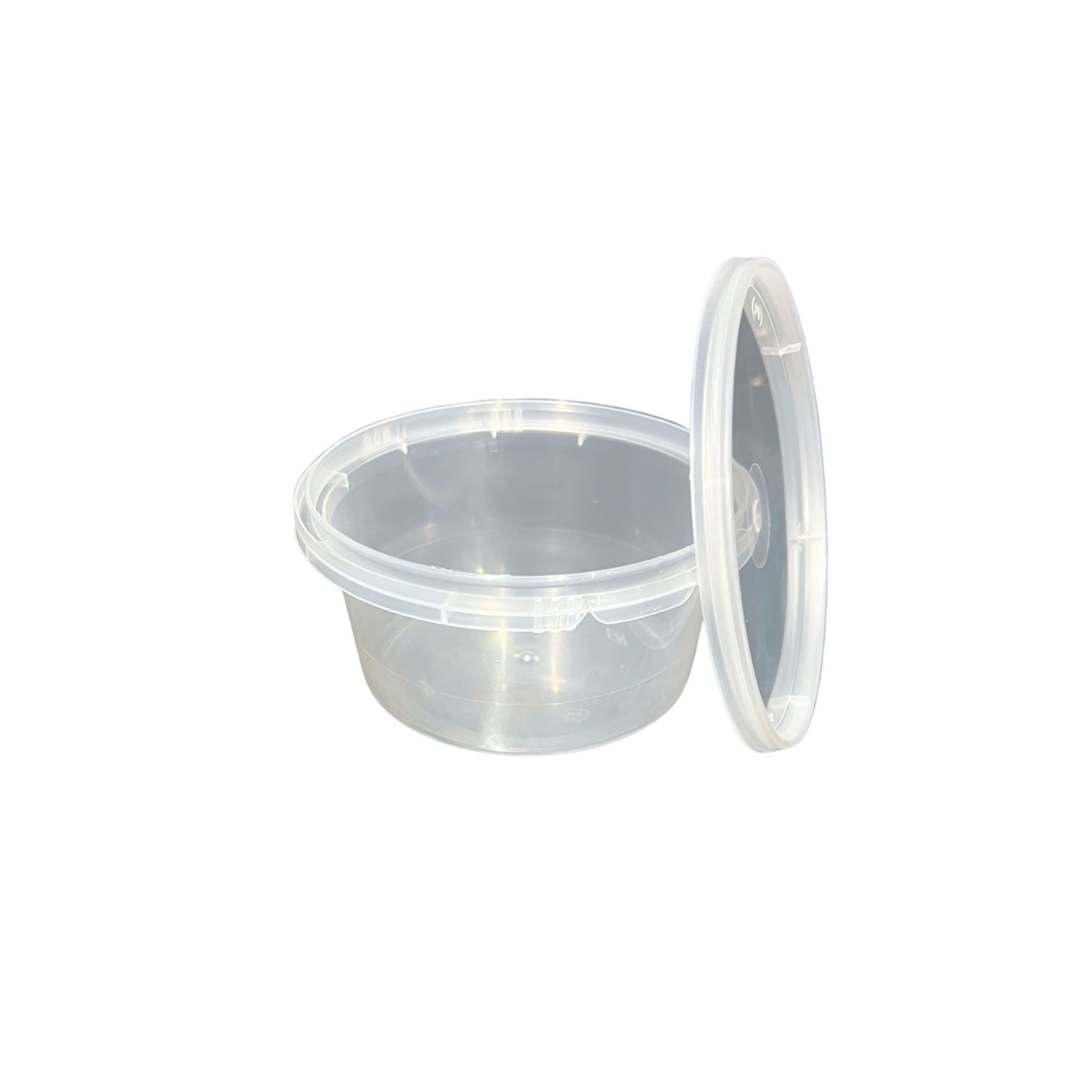 Clear 500 gram plastic container with a lid on a white background