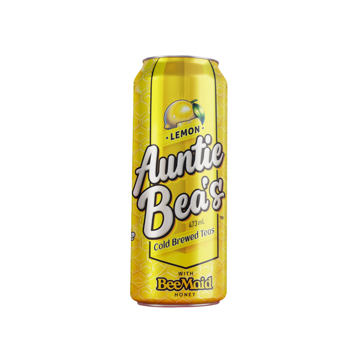 A yellow can of Auntie Bea's Cold Brewed Tea, lemon flavoured, on a white background