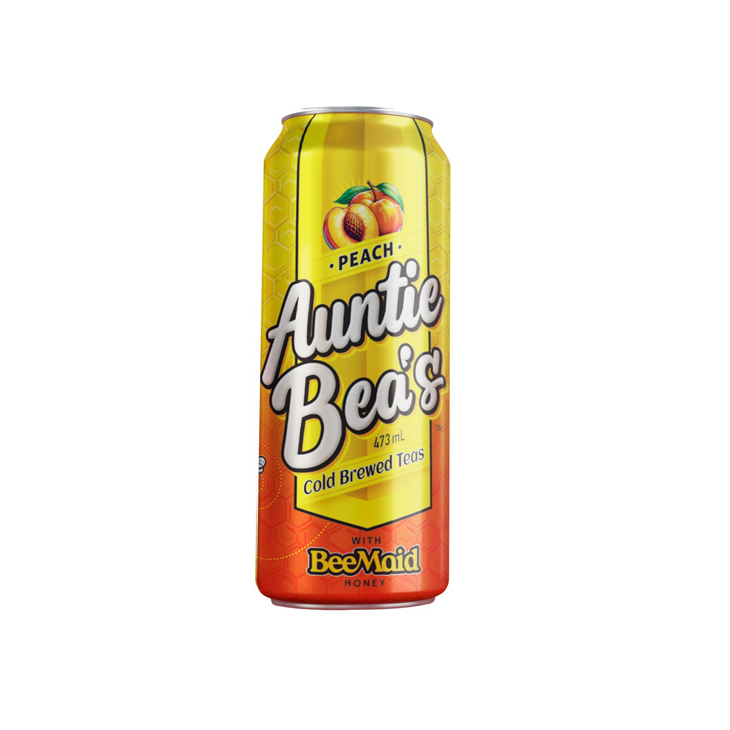 A yellow can of Auntie Bea's Cold Brewed Tea, peach flavoured, on a white background