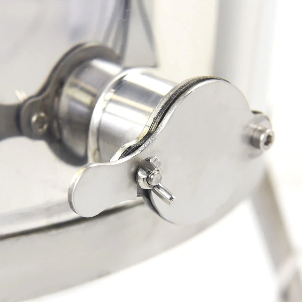 A close up of a KONIGIN motorized 8 frame honey extractor made of stainless steel, emphasizing the honey gate, on a white background