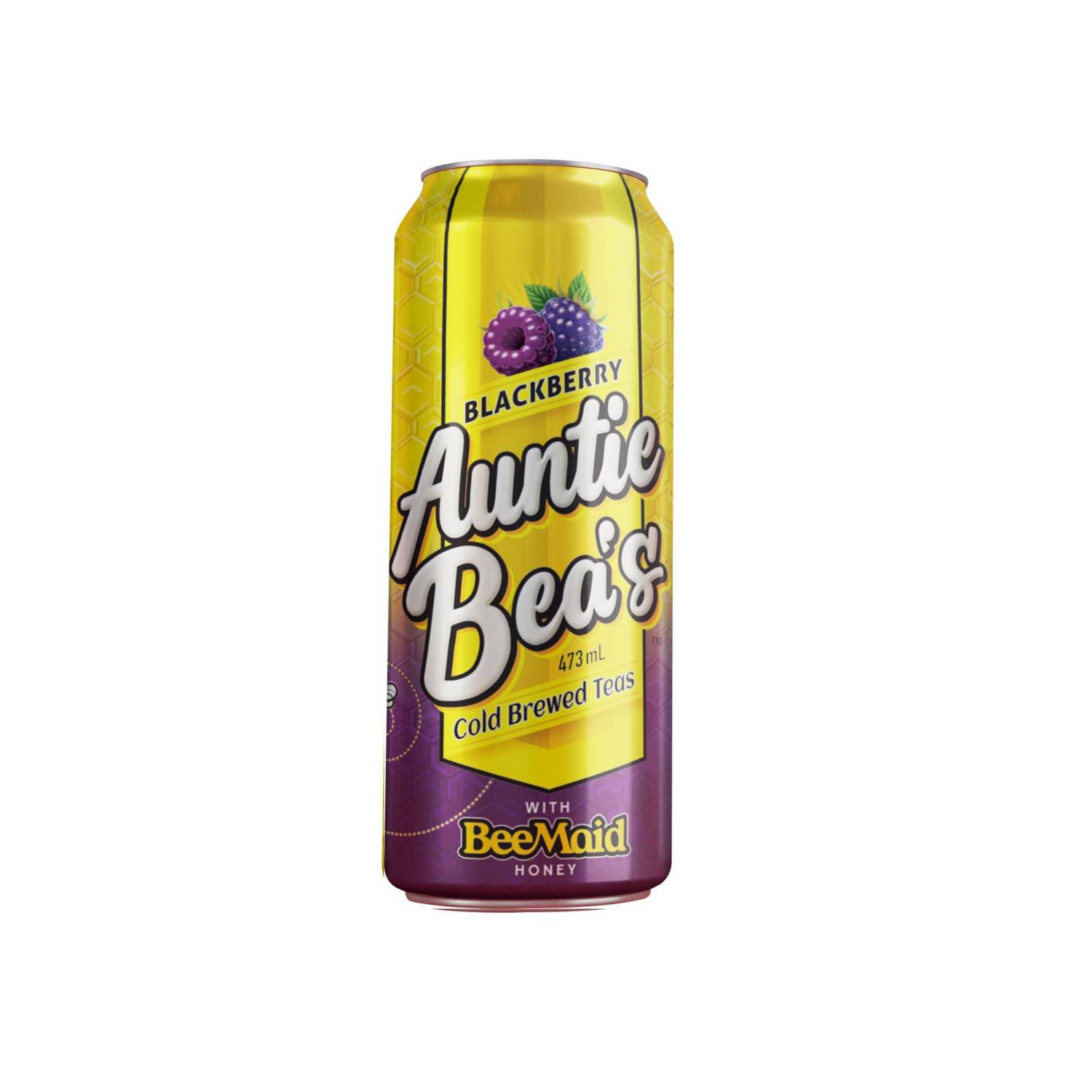 A yellow can of Auntie Bea's Cold Brewed Tea, blackberry flavoured, on a white background