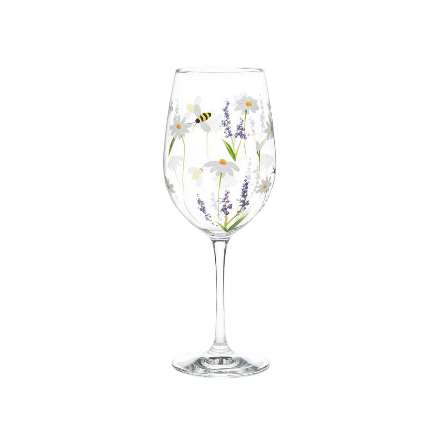 A clear wine glass with hand-painted images of flowers and bees on a white background.