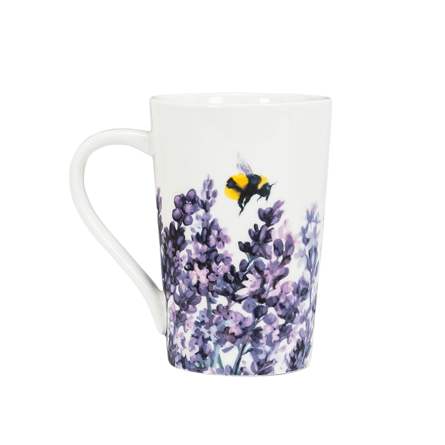 A white mug with lavender and bees designs on a white background