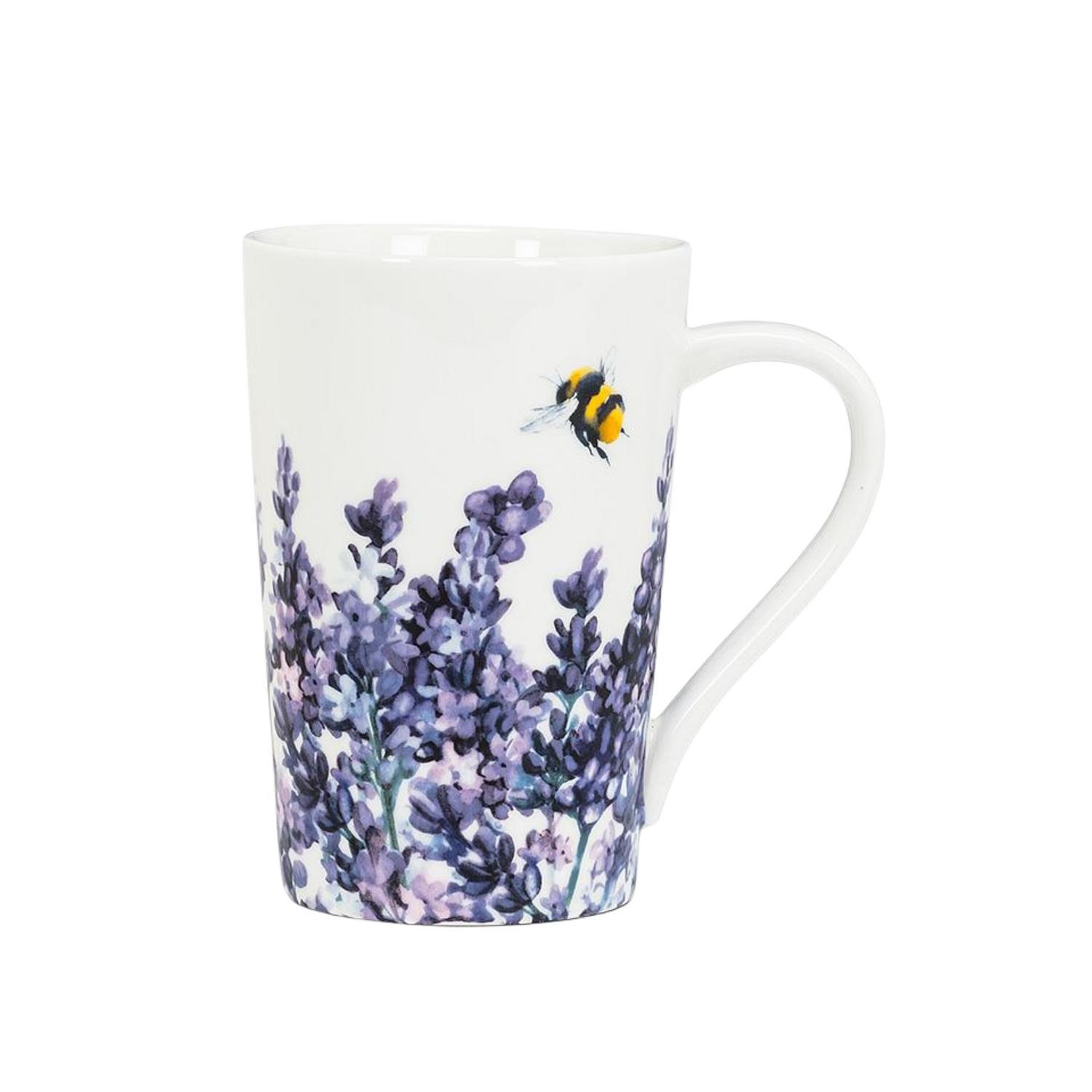 Another view of a white mug with lavender and bees designs on a white background