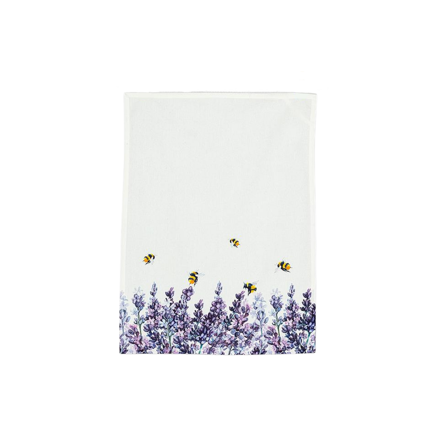 A white kitchen towel with lavender design and bees on a white background