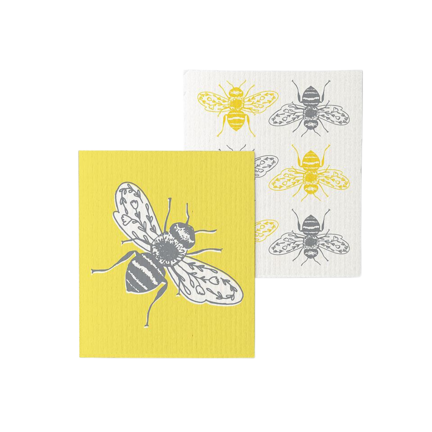 Two dishcloths with bee designs on a white background