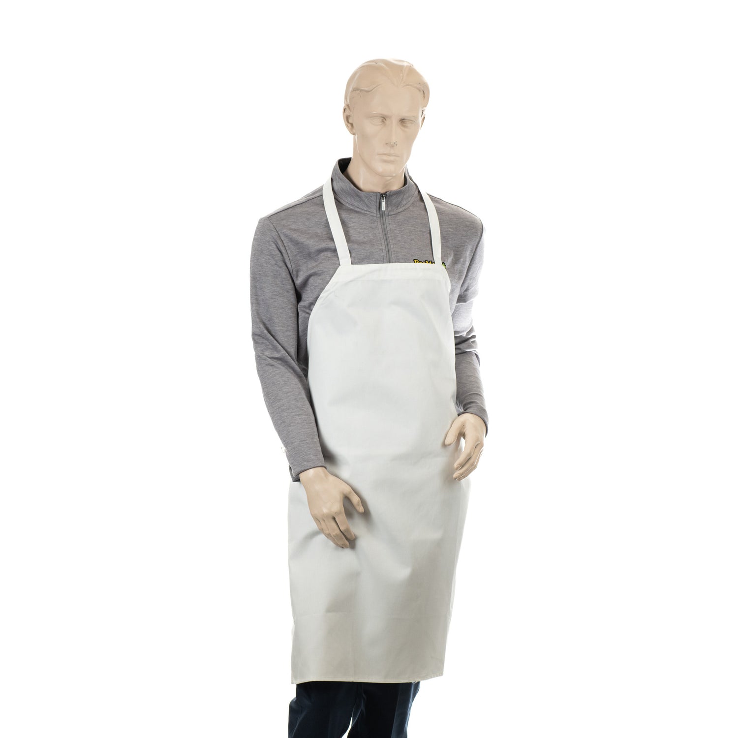 A mannequin wearing a cloth white apron on a white background.