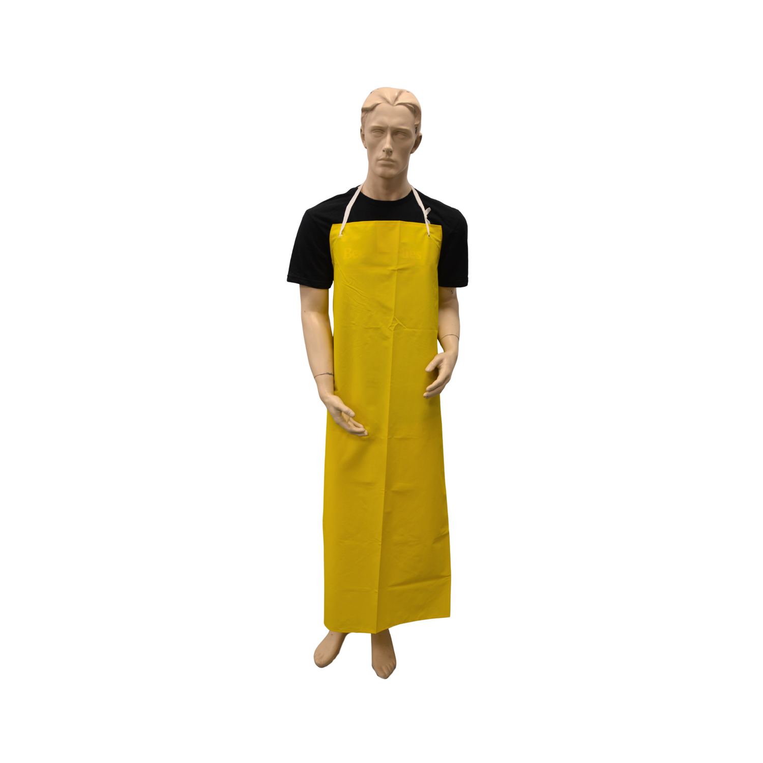 Mannequin wearing a yellow PVC apron on a white background