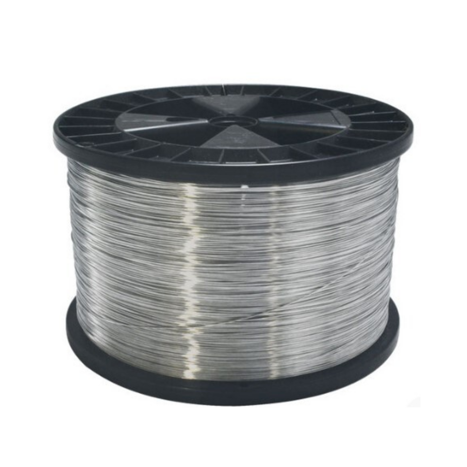 Spool of 5 pounds of wire on a black plastic reel on a white background