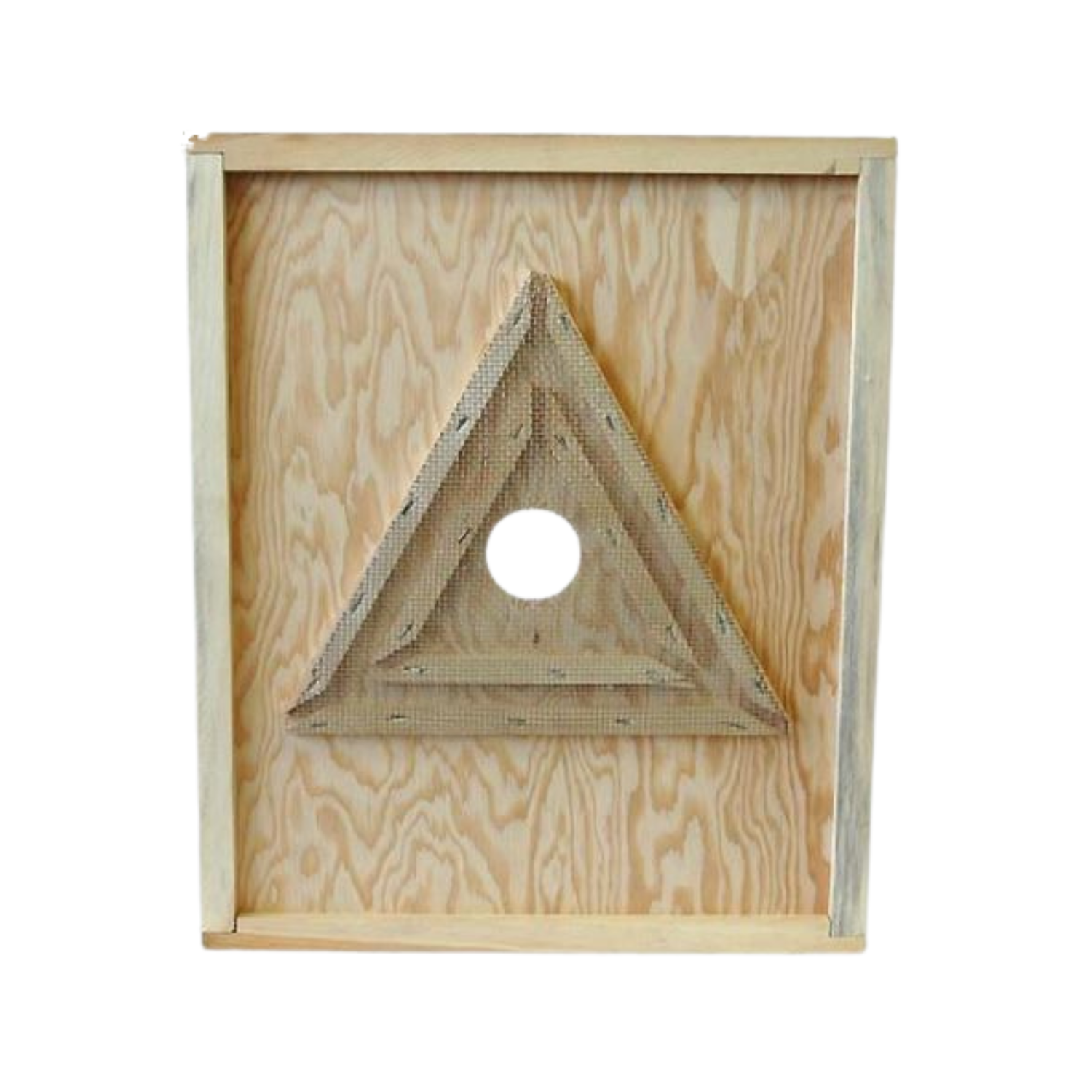A wooden bee escape board with a circular opening in the middle on a white background