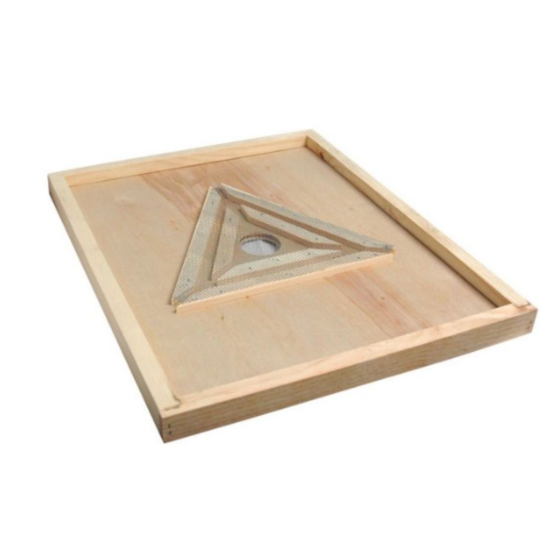 A wooden bee escape board with a triangular wire maze in the center, designed to guide bees from honey supers to the hive entrance.