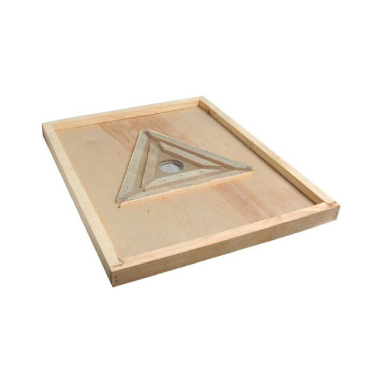 A wooden bee escape board with a triangular wire maze in the center, designed to guide bees from honey supers to the hive entrance.