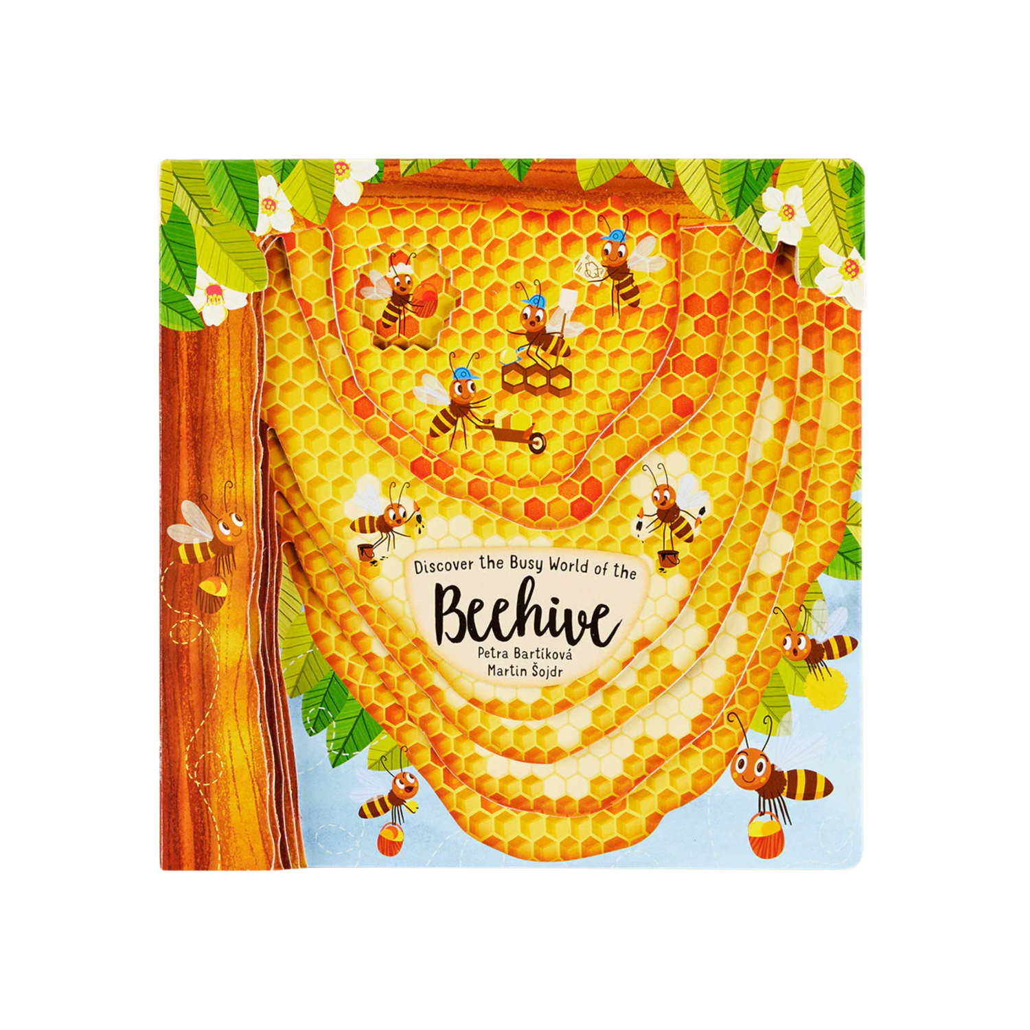 Cover of a picture board book titled 'Beehive' featuring illustrations of bees on a honeycomb patterned background on a white background