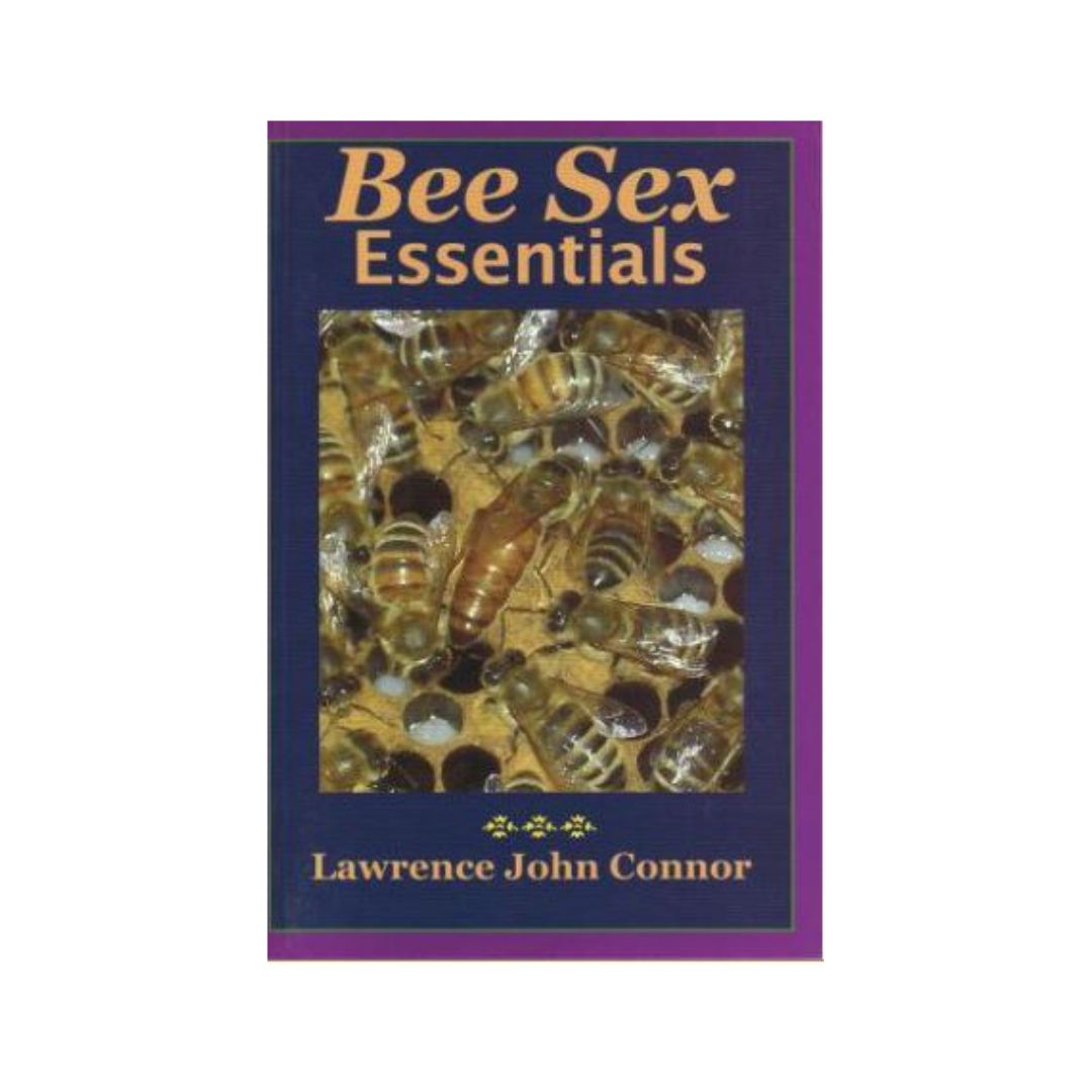 The purple cover of the book 'Bee Sex Essentials' by Lawrence John Connor features an image of honeybees on a white background.