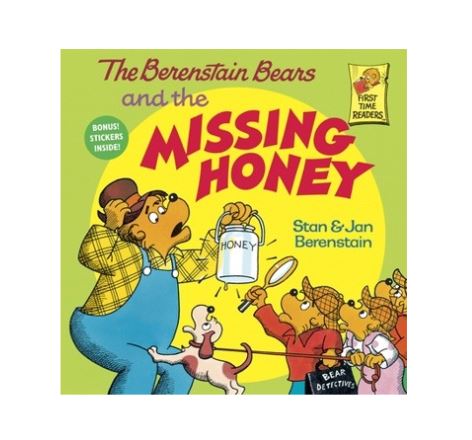 Cover of the book 'The Berenstein Bears and the Missing Honey' featuring illustrations of bear characters looking at a honey jar with a sense of surprise and suspicion on a white background