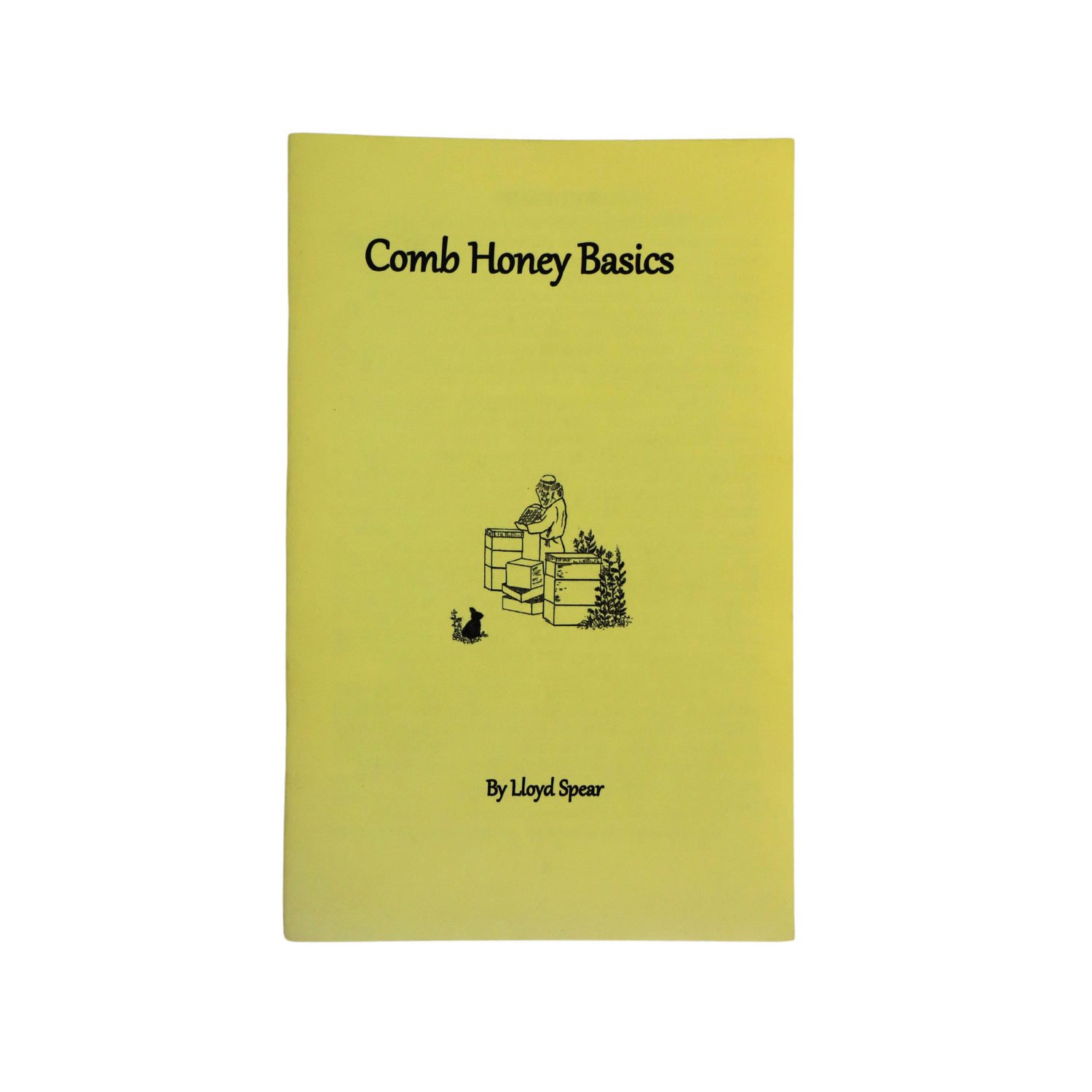A cover image of a yellow booklet titled 'Comb Honey Basics' by Lloyd Spur featuring an illustration of a beekeeper.