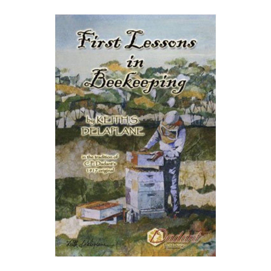 Cover of the book 'First Lessons in Beekeeping' featuring an illustration of a person with a beekeeping outfit by a beehive in a natural setting, displayed on a white background