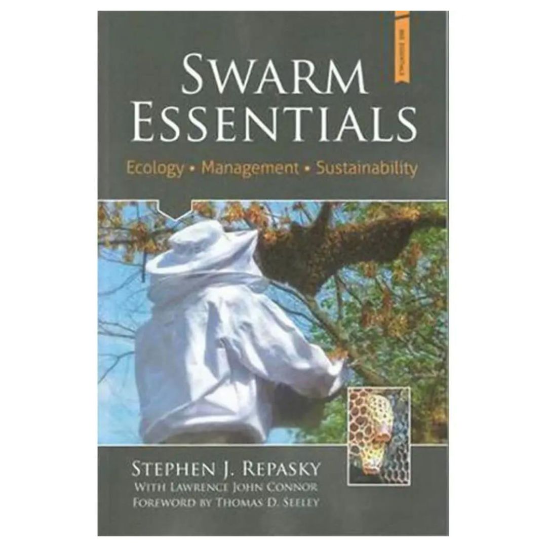 Cover of the book 'Swarm Essentials' featuring an image of a beekeeper attending to a swarm of bees on a tree, displayed on a white background