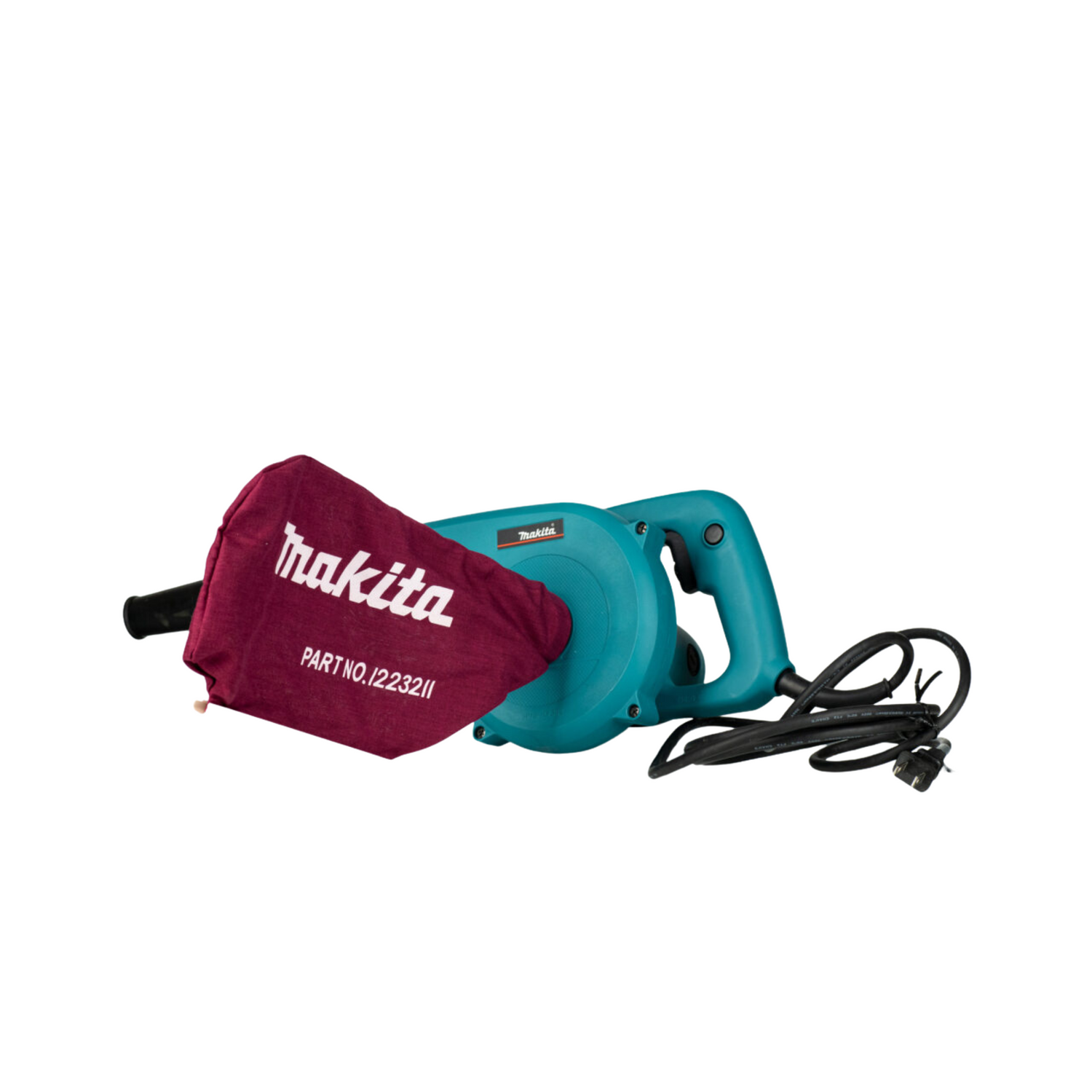 A blue Makita electric blower with a black nozzle and cable, as well as a maroon dust bag on a white background.
