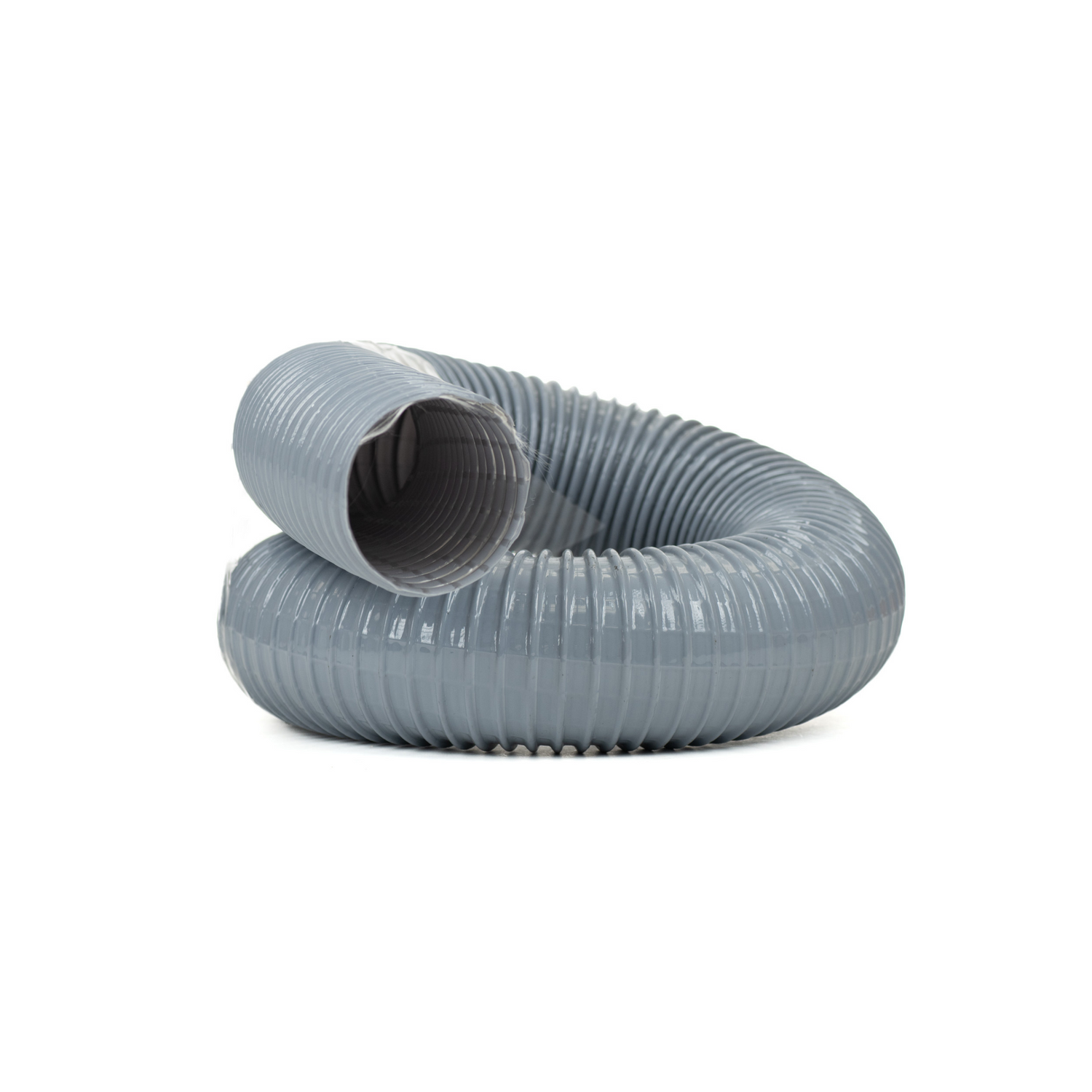 Gray heavy-duty coiled PVC hose arranged in a loop on a white background