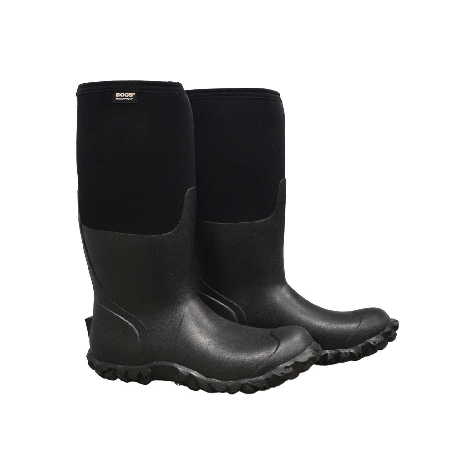 Pair of black rubber boots on a white background