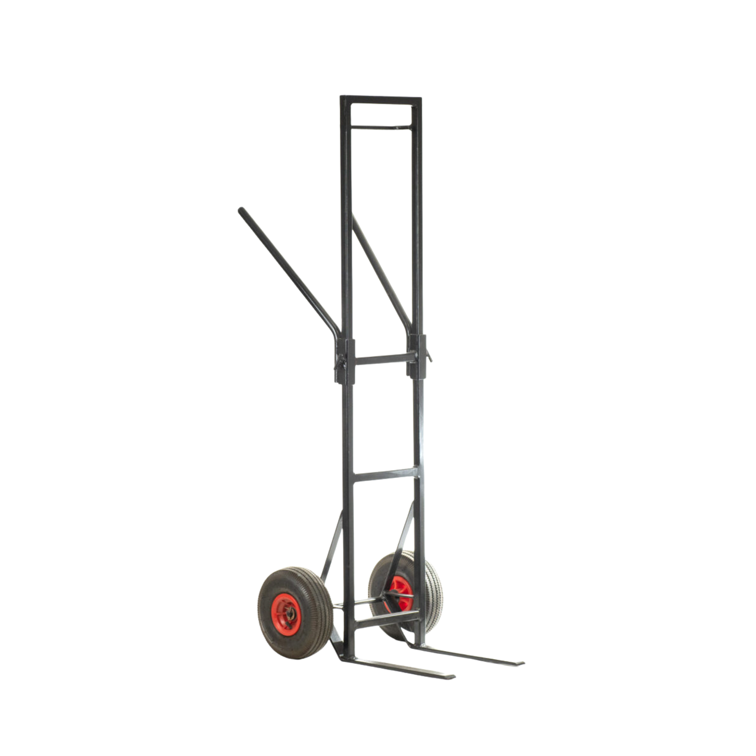 A black, metal super cart with an adjustable handle on a white background