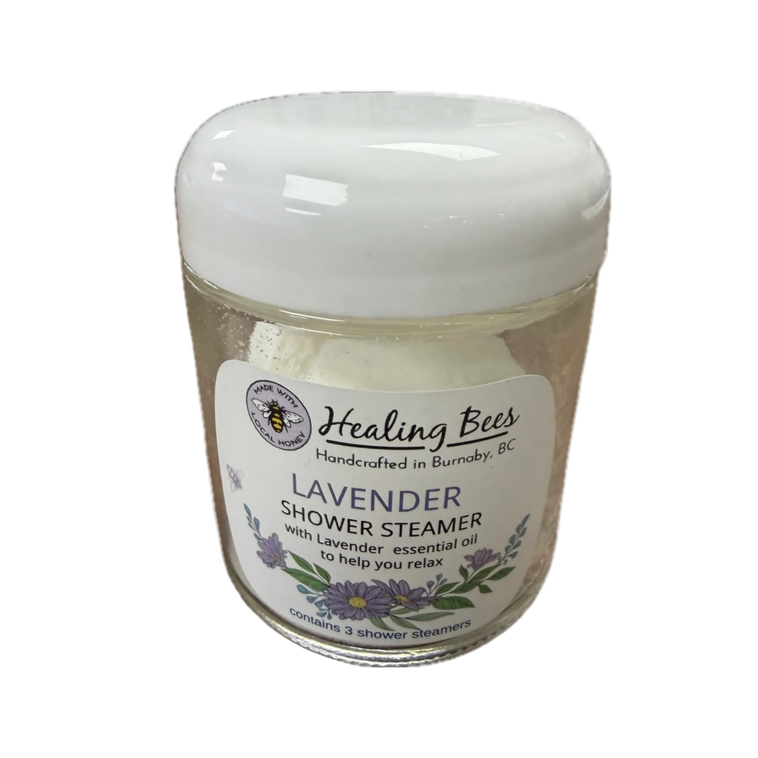 Jar of Healing Bees Lavender Shower Steamer with a white lid on a white background