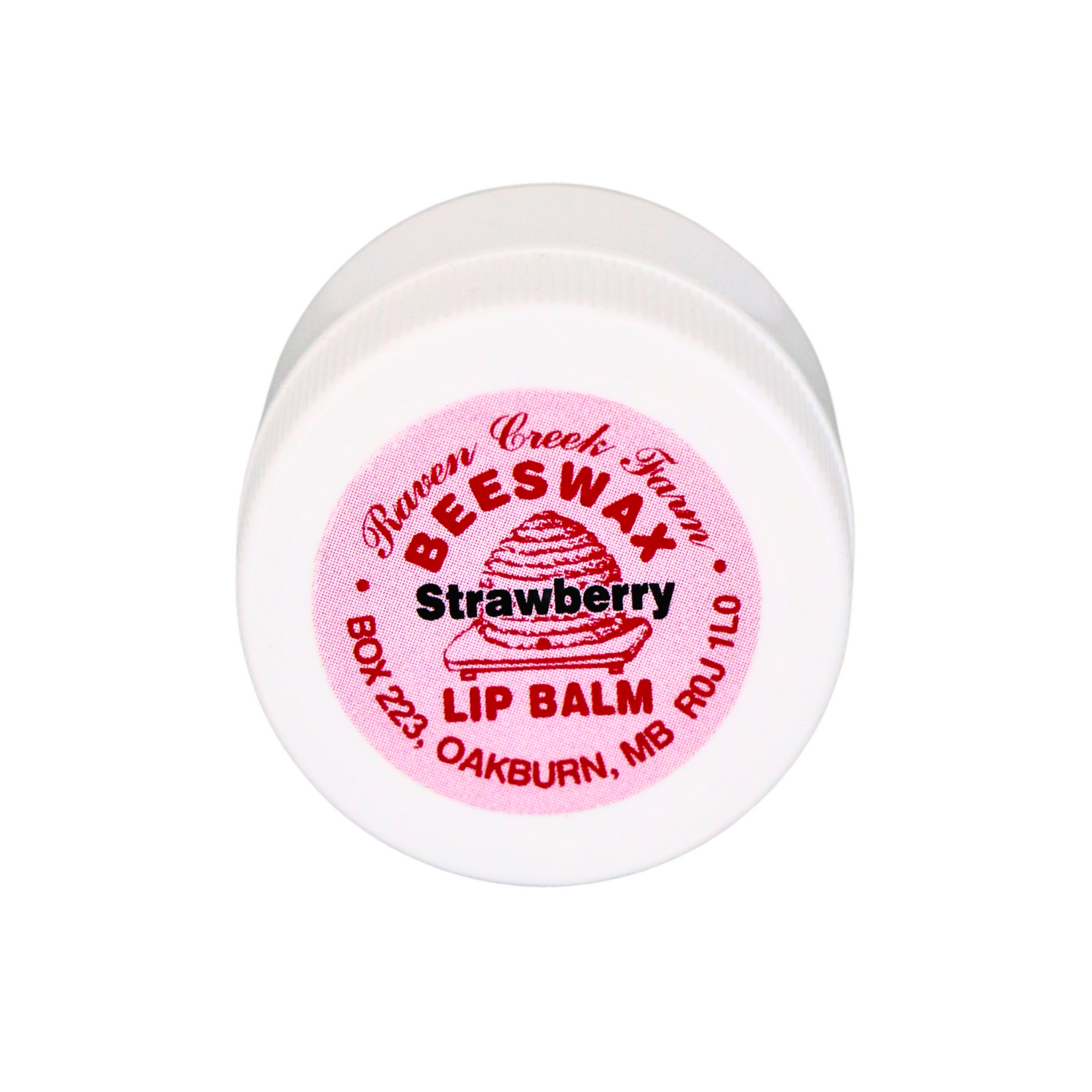 A white, plastic lip balm jar filled with Raven Creek Farm's Beeswax Lip Balm, flavoured as