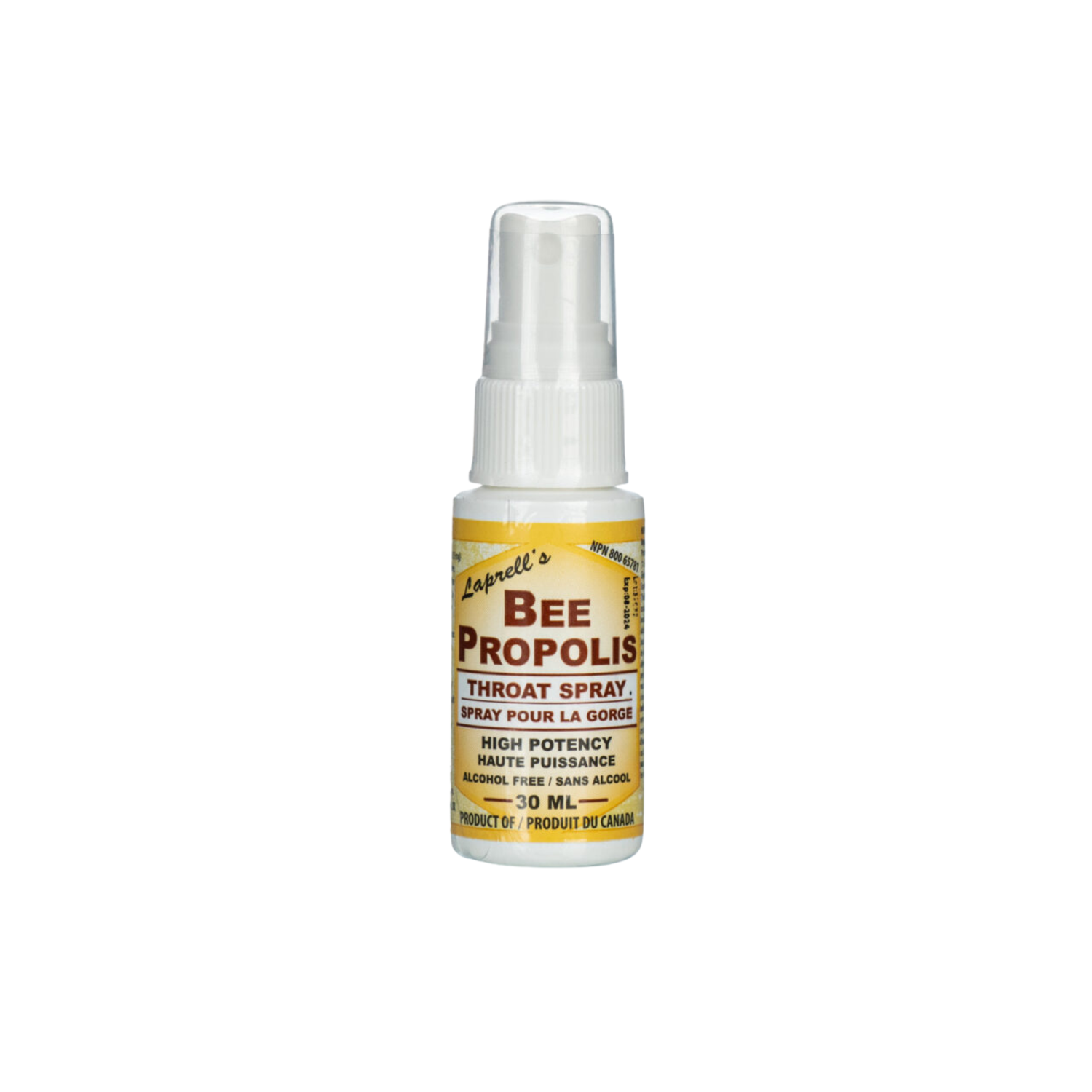 Small 30 mL spray bottle of Laprell’s Bee Propolis Throat Spray with a yellow and white label. The label reads ‘Bee Propolis Throat Spray – High Potency’ and includes English and French text. The bottle has a white cap and pump sprayer with a reflective base beneath it.