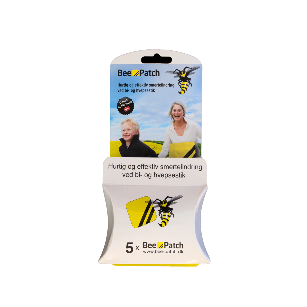 BeePatch bee sting relief patches in a white cardboard blister pack with printed instructions and product imagery, including a bee and a yellow-and-black patch.