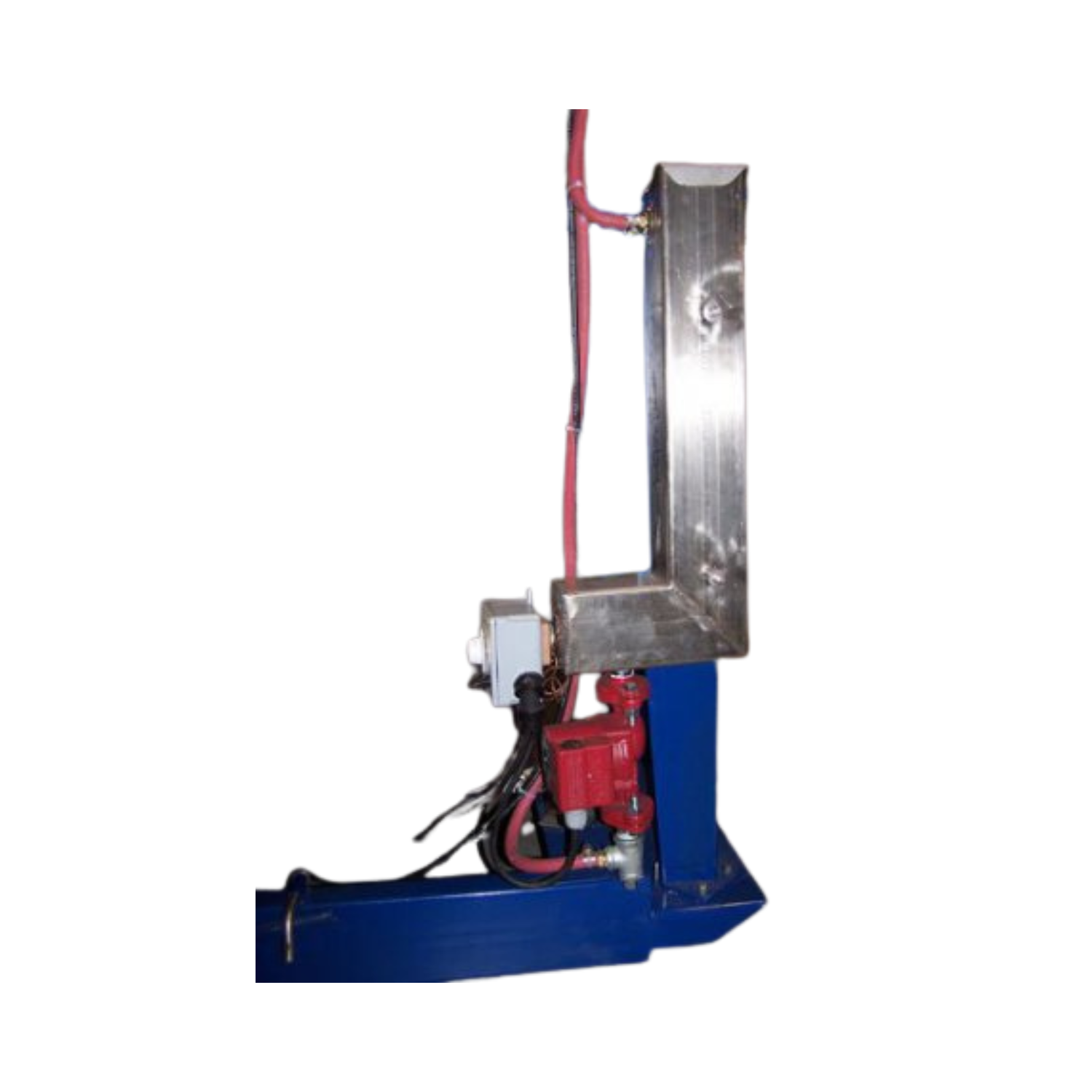 Industrial machine with metallic and red components on a white background