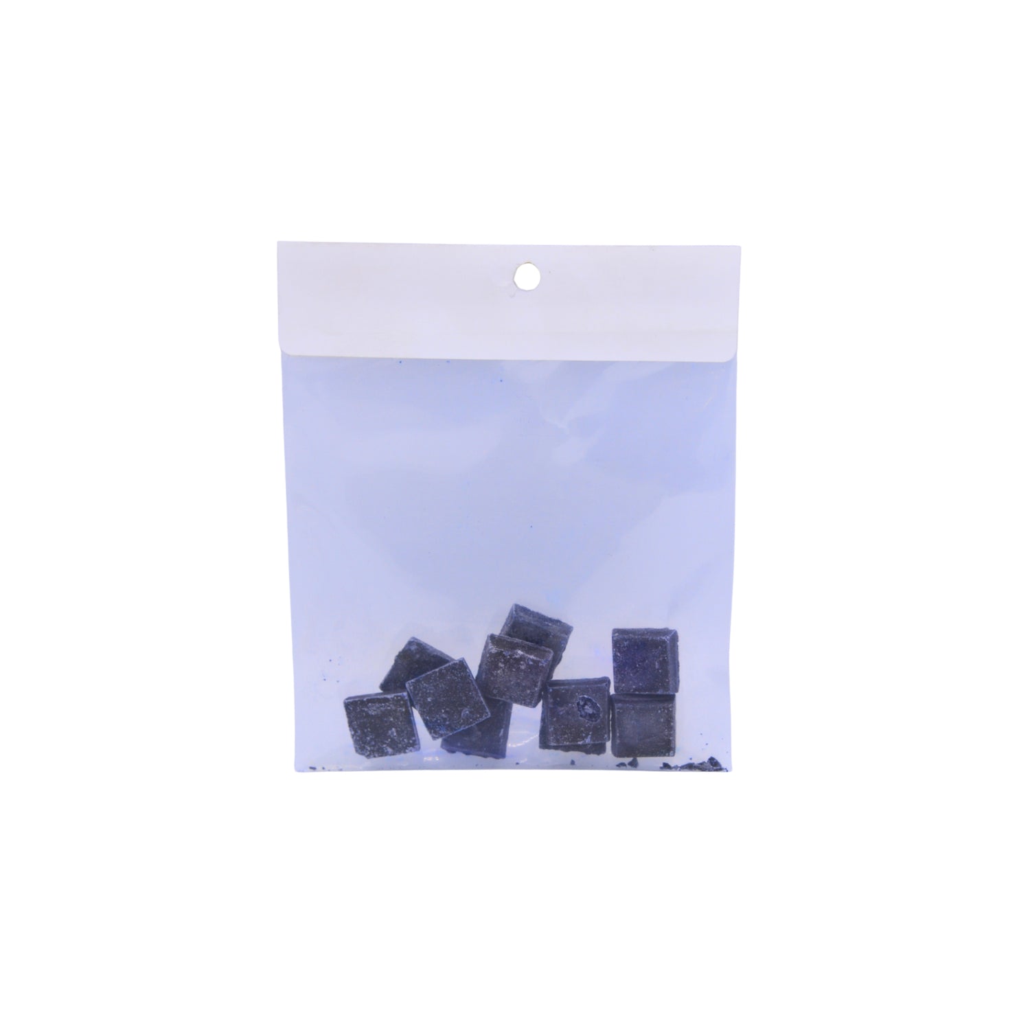 A clear plastic bag with several blue coloured dye buds shown on a plain white background.