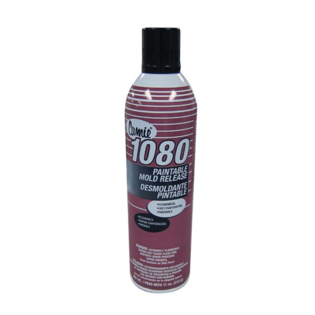 A can of Conte 1080 mold release spray, primarily red and white in color, with text indicating its use for candle making.