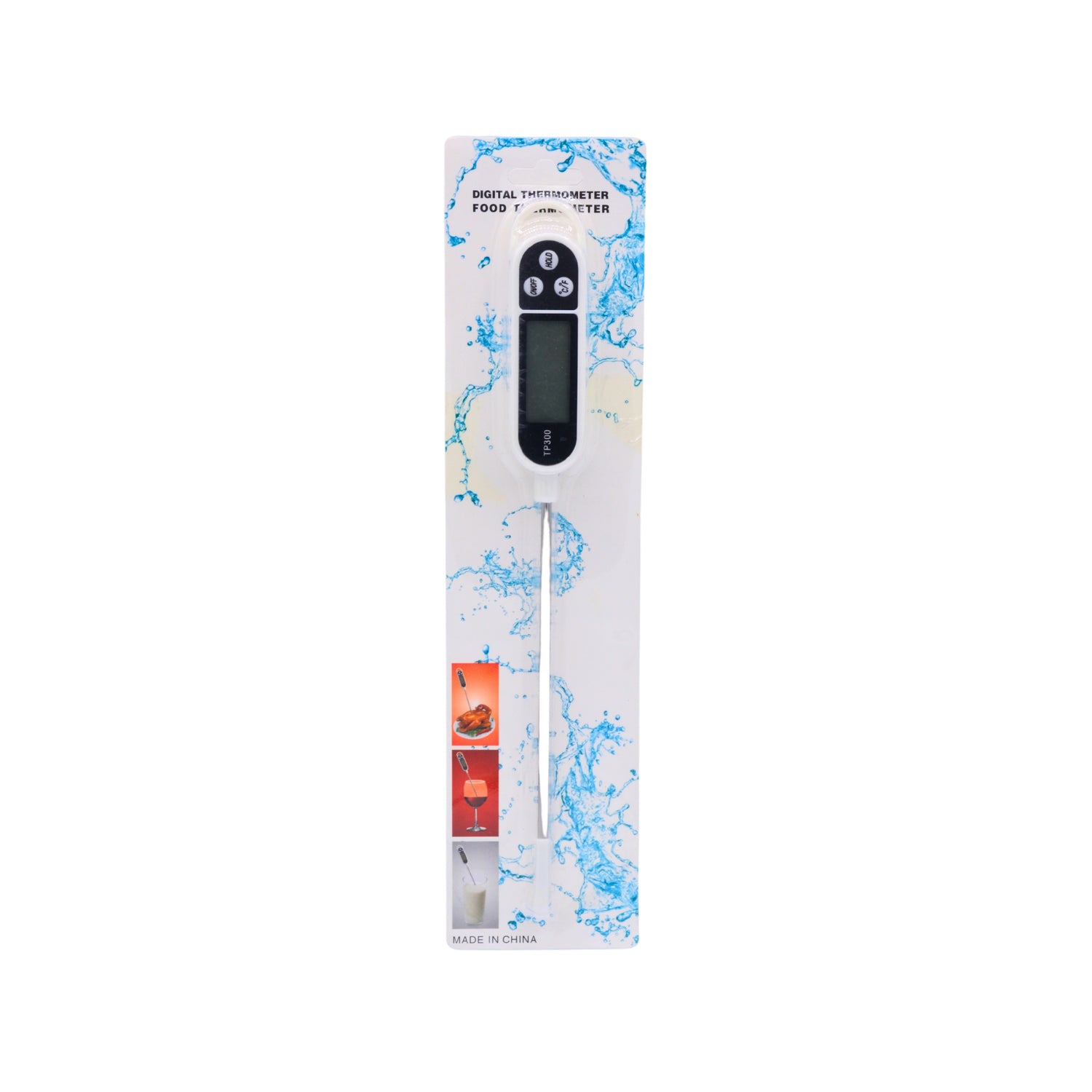 Digital instant food meter thermometer in its retail packaging, featuring a white and blue water splatter design with a black LCD screen and buttons.