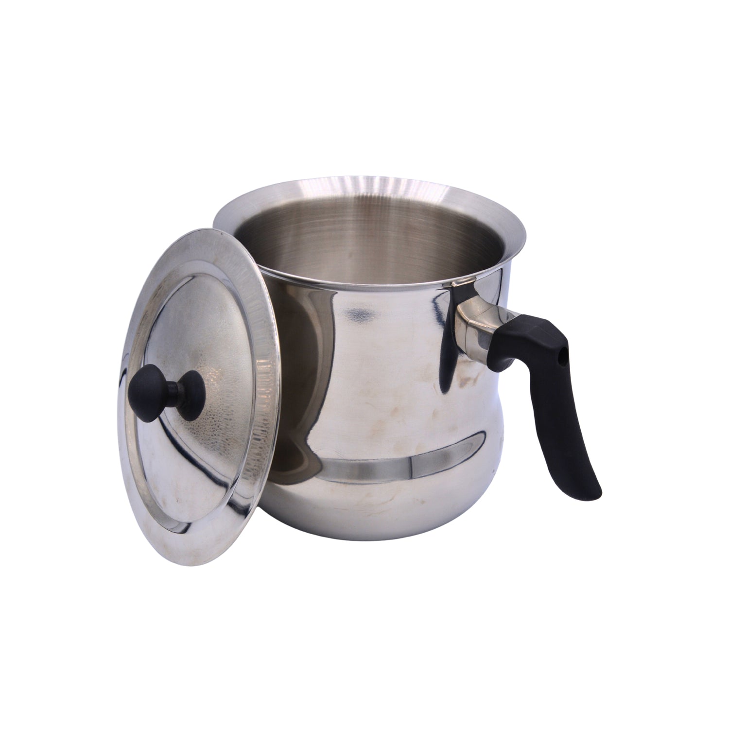 A metal double boiler with a matching lid, featuring a black plastic handle and knob, shown on a plain white background.